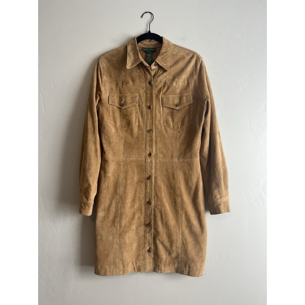 RALPH LAUREN 90's Western Equestrian Soft Suede Leather Coat Dress Size 10 RARE